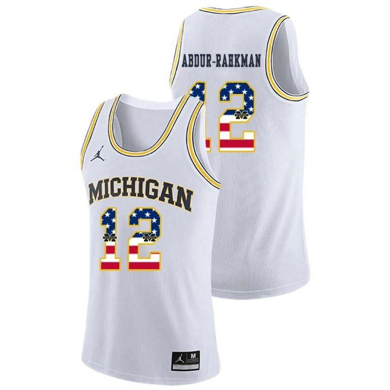 Michigan Wolverines Men's NCAA Muhammad-Ali Abdur-Rahkman #12 White Jordan Brand USA Flag College Basketball Jersey OQZ7149NV